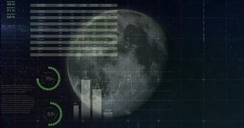 Displaying full moon overlapping starry grid in space interface, with stock Stock Illustration