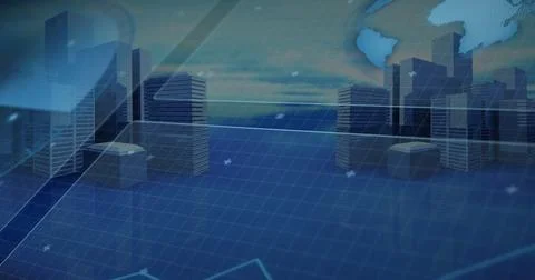 Displaying future city rising from grid plane in interface, with skyscrapers and Stock Photos