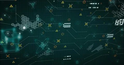 Displaying future HUD on dark teal grid, showing hex clusters, connector traces, Stock Illustration