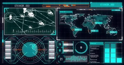Displaying future HUD filling screen, showing world map, nodes, radar globe, Stock Illustration