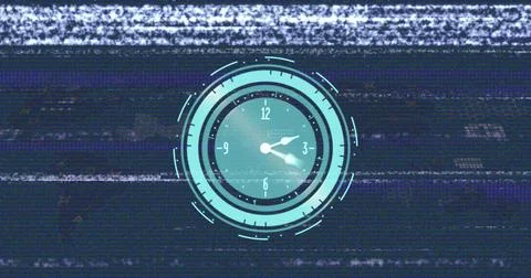 Displaying futuristic circular clock interface on glitchy static background, 스톡 일러스트