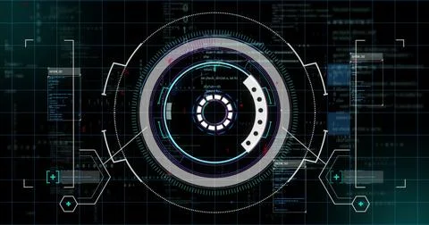 Displaying futuristic circular HUD interface on screen with grid overlay, code Stock Illustration