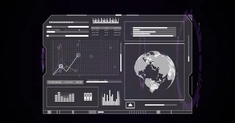Displaying futuristic dashboard interface showing line chart and pixelated globe Stock Photos