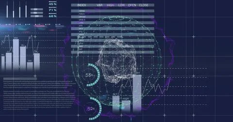 Displaying futuristic dashboard UI at control panel, with wireframe sphere, bar Stock Photos