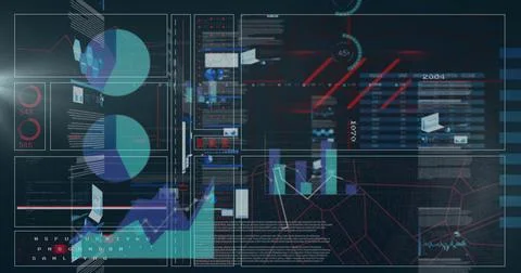 Displaying futuristic data dashboard showing pie charts, bar graphs and map Illustrazione stock