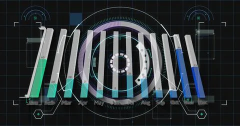 Displaying futuristic data HUD on dark grid, showing twelve month bars, radar, Stock Illustration
