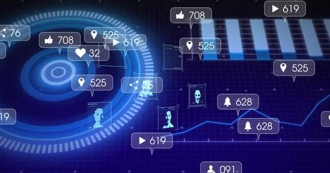 Displaying futuristic data interface on virtual dashboard, with UI markers Foto stock