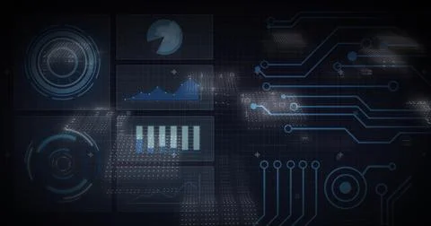 Displaying futuristic digital dashboard on dark grid, showing radar gauge, pie Illustrazione stock
