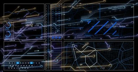 Displaying futuristic digital dashboard glowing on dark void, showing panels, Stock Illustration