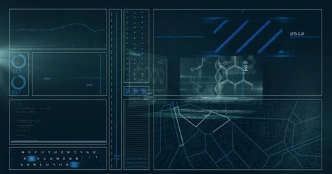 Displaying futuristic digital interface screen at workstation, with line graph, Illustrazione stock