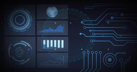 Displaying futuristic HUD centered on control screen, showing panels, radar,  Stock Illustration