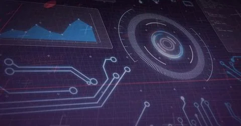 Displaying futuristic HUD on control dashboard, with concentric radar, neon Stock Illustration