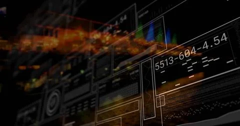 Displaying futuristic HUD floating in virtual workspace showing panels, numeric Stock Illustration