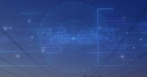 Displaying futuristic HUD interface floating above power lines at twilight, Stock Photos