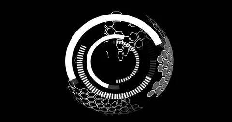 Displaying futuristic HUD interface rotating on black void, showing concentric Stock Illustration