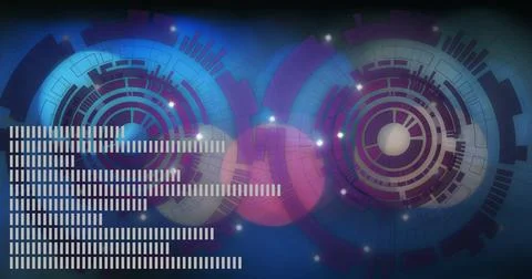 Displaying futuristic interface on digital screen, with overlapping circular Illustrazione stock