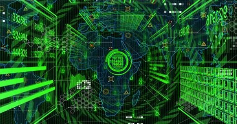 Displaying futuristic interface showing wireframe world map on hex grid with 스톡 일러스트