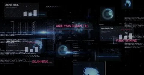 Displaying futuristic UI scanning code and data streams on grid backdrop with Foto stock