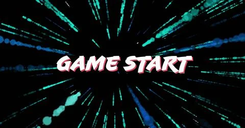 Displaying GAME START text on digital screen with teal-blue streaks and dots Stock Illustration