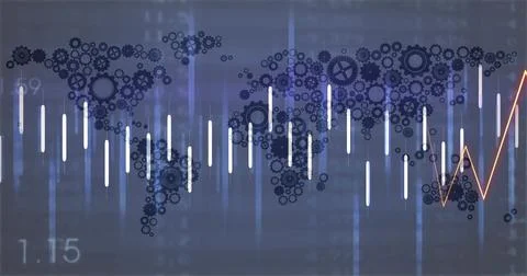 Displaying gear-formed world map on digital dashboard, showing white data bars Stock Illustration