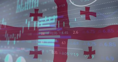 Displaying Georgian flag floating over onscreen trading display, showing Stock Illustration