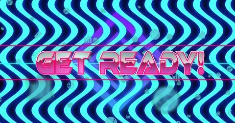 Displaying GET READY! text over glitch-tech screen, with icons of magnifying Stock Illustration