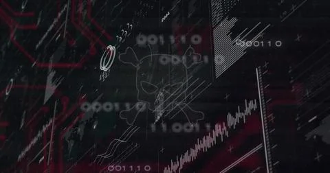 Displaying ghostly skull-crossbones hovering over cyber dashboard, with binar Stock Photos