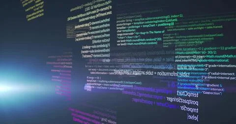 Displaying glass code panels drifting in virtual space, with colored code text Stock Photos