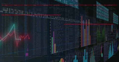 Displaying glass data panels at virtual dashboard, showing neon line, bar Stock Photos