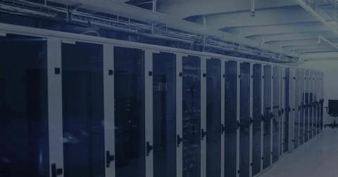 Displaying glass-front server racks with blinking network switches in data Stock Photos