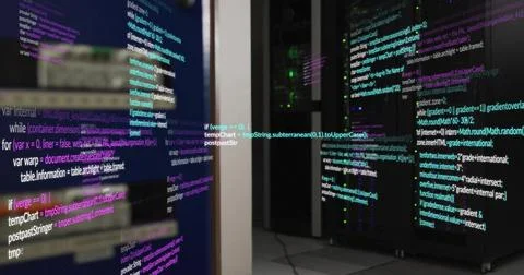 Displaying glass-front server racks with stacked chassis and code reflections in 库存照片