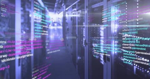 Displaying glass-fronted server cabinets with blinking LEDs in data center 写真素材