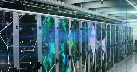Displaying glass-fronted server racks showing LED indicators and blue overlays Stock Photos
