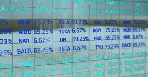Displaying glass panel showing alphanumeric codes with percentages inside Foto stock