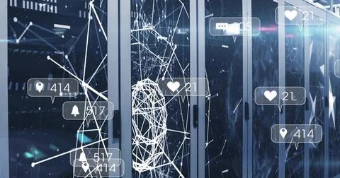 Displaying glass server cabinets glowing in server room, with wireframe network Stock Photos