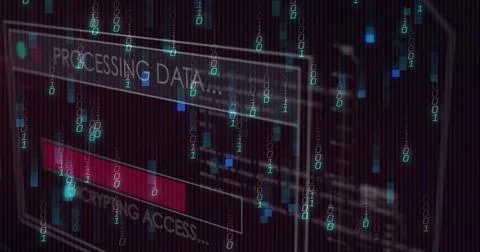 Displaying glass UI panels encrypting data in cyber interface with cyan binary Ilustração Stock