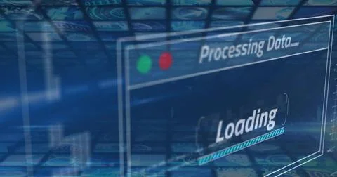 Displaying glassy UI panel processing data on data grid, showing green red leds Ilustración de archivo