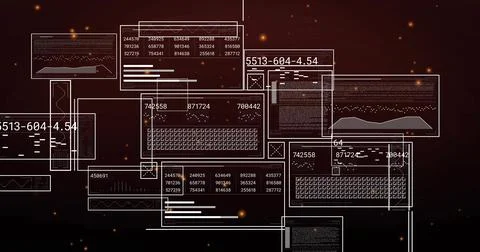 Displaying glassy UI panels, wireframe windows, data matrix, labels, orange s Illustrazione stock