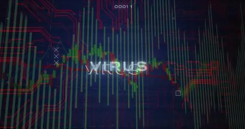 Displaying glitch-style VIRUS over green red candlesticks on data screen, cir Stock Photos