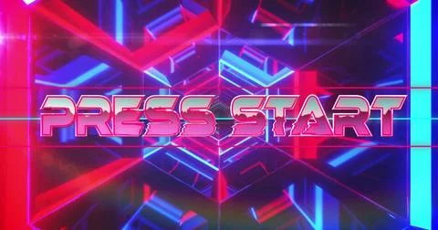 Displaying glitch-styled text PRESS START in retro-futuristic tunnel, with red Illustrazione stock