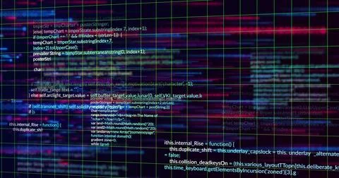 Displaying glitched neon grid and readable code on digital display, with magenta Ilustración de archivo