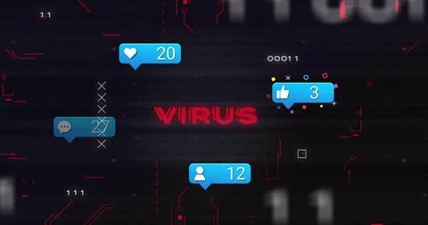 Displaying glitching interface showing red VIRUS text on screen, with blue イラスト素材