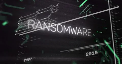 Displaying glitching RANSOMWARE on cyber panel, with neon circuits, code lines, Stock Photos