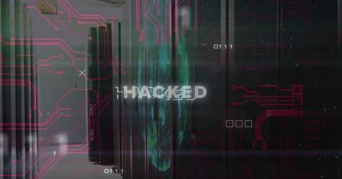 Displaying glitchy HACKED text on security UI with magenta traces, 0111 code, Foto stock