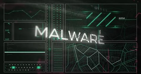 Displaying glitchy MALWARE text on digital security dashboard, with line chart 스톡 사진