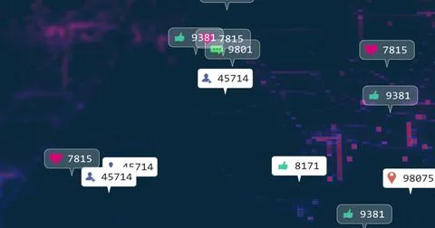 Displaying glitchy pixel grid with floating thumbs-up heart chat follower and Stock Illustration