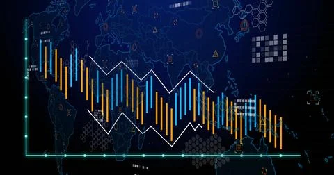Displaying global chart on digital dashboard, showing blue orange bars, white Stock Photos
