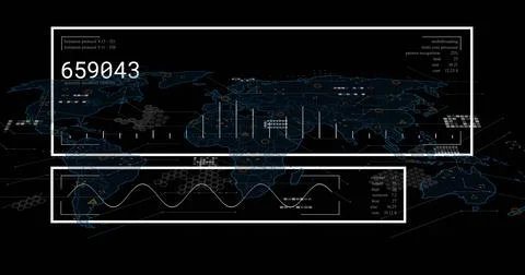 Displaying global data dashboard map on virtual interface, showing two HUD Stock Photos