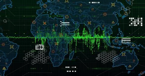 Displaying global data map showing green waveform on analytics screen, with Stock Illustration