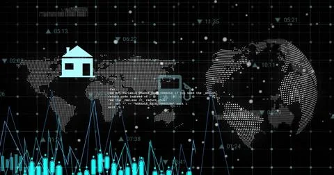 Displaying global data visualization on dashboard, showing dotted map, globe, Stock Photos